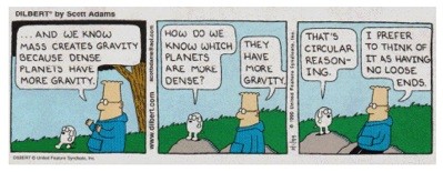 Dilbert:... and we know mass creates gravity because dense planets have more gravity.
Dogbert: How do we know which planets are more dense?
Dilbert: They have more gravity.
Dogbert: That's circular reasoning.
Dilbert: I prefer to think of it as having no loose ends.
